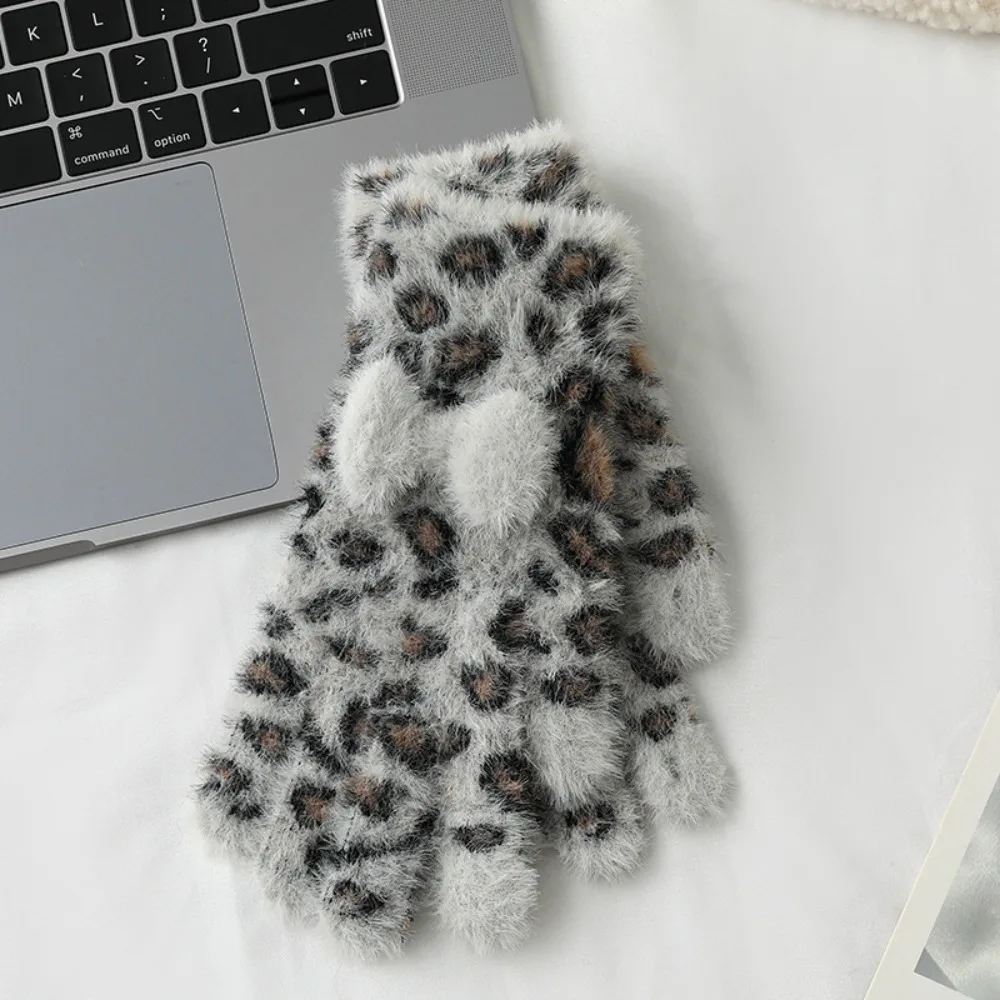 New Mink Velvet Five Finger Gloves Leopard Print Cold-proof Gloves Keep Warm Winter Mittens Women