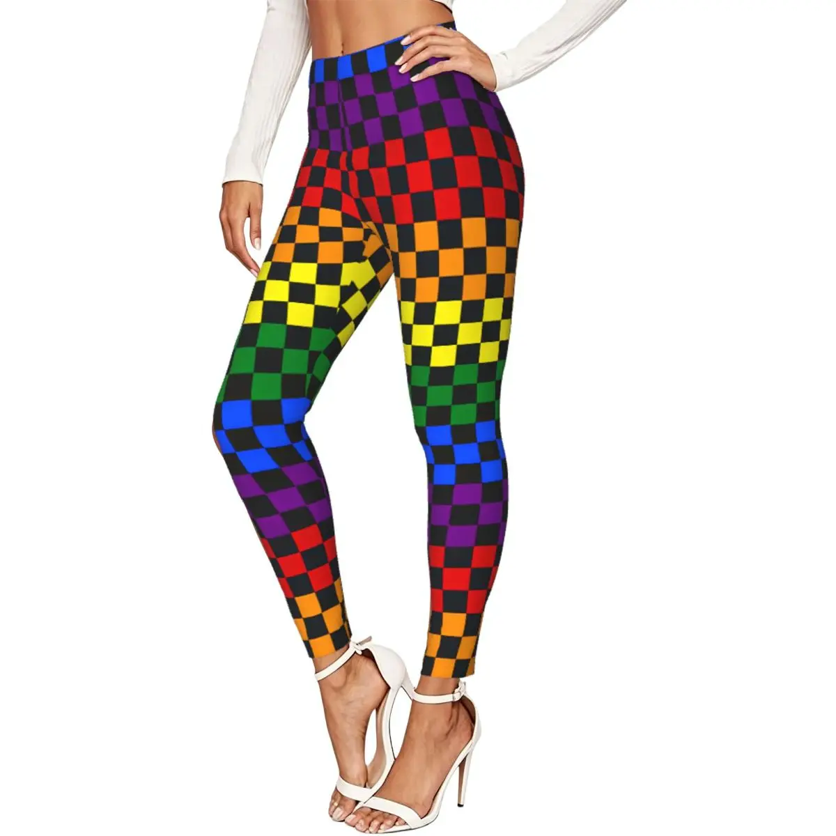 Women High Waist Elastic Leggings Checked Board Rainbow Chessboard Slim Fit Stretchy Pants Casual Wear
