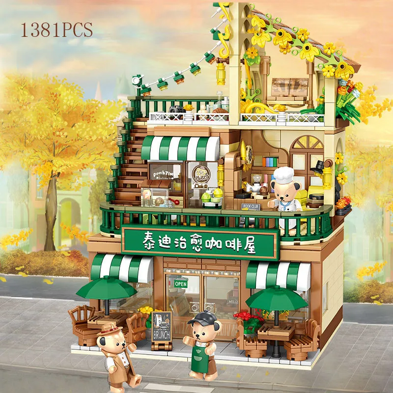 

Creative Teddy City Street View Block Coffee Shop Streetscape Building Bricks Cafe House Cartoon Bear Figures Toys For Gift