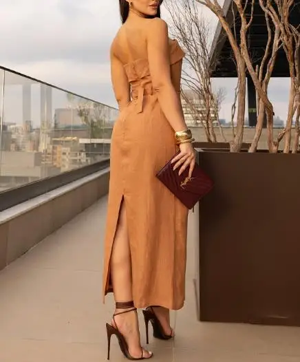 

Womens Dresses 2025 Spring Summer New Solid Color Sleeveless Bandeau High Waist Backless Casual Back Split Daily Long Dress