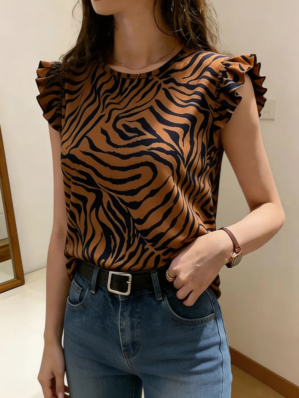 

Hot Round Neck Ruffle Cap Sleeve Brown Zebra Print Blouse, Top for Women Office & Daily