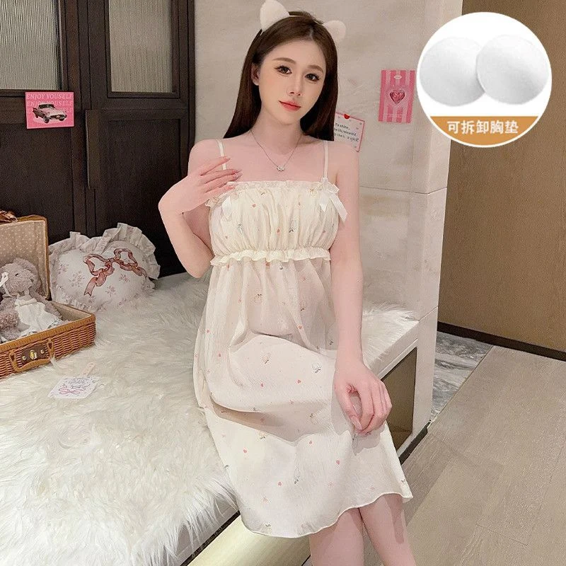 

Summer Sexy Lingerie Spaghetti Strap Cotton Print Nightgowns for Women Cute Lace Sleepwear Nightdress Night Dress Home Nighty
