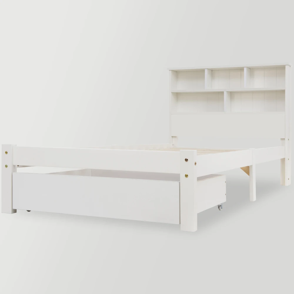 PINGGO Einzelbett aus Massivholz, 90 x 200 cm, weiß, mit Schubladen, Gitter-Bücherregal für Kinder, Jugendliche, Erwachsene, ohne Matratze – Detail 8