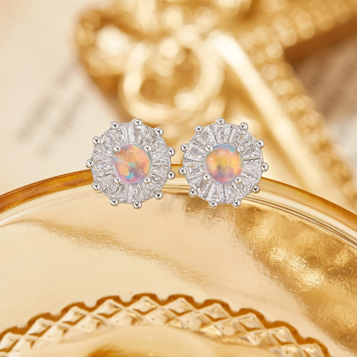 Halo Color Change Round Opal Studs Earrings Simulated Opal October Birthstone Solid 925 Sterling Silver Earrings 6310088