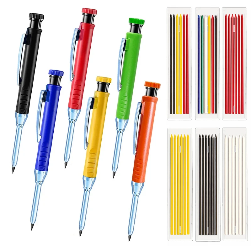 6 Colors Woodworking Automatic Pencils 2.8mm Metal Deep Hole Mechanical Pencil Built-in Sharpener for Scribing Marking Tools