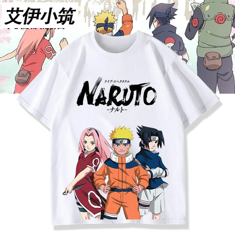 

Naruto Anime Collaboration Naruto Sasuke Sakura Kakashi Peripheral Short Sleeved T-shirt for Men and Women Summer Pure Cotton