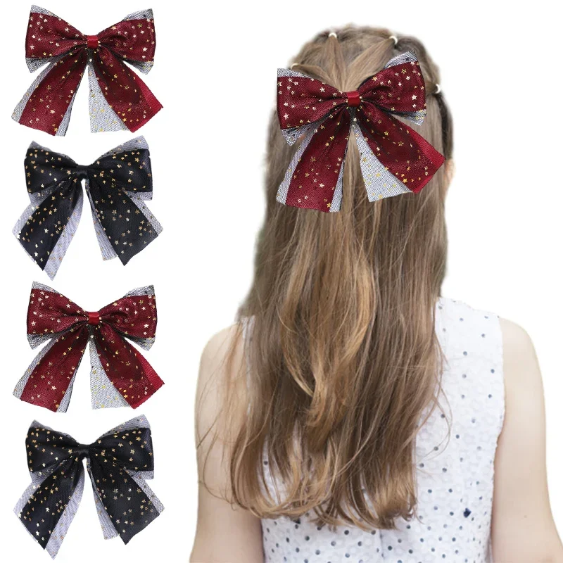 ncmama Fashion Glitter Star Hair Bows Clips Black Lace Bow Hairpins for Kids Girls New Year Hair Accessories Boutique Barrettes