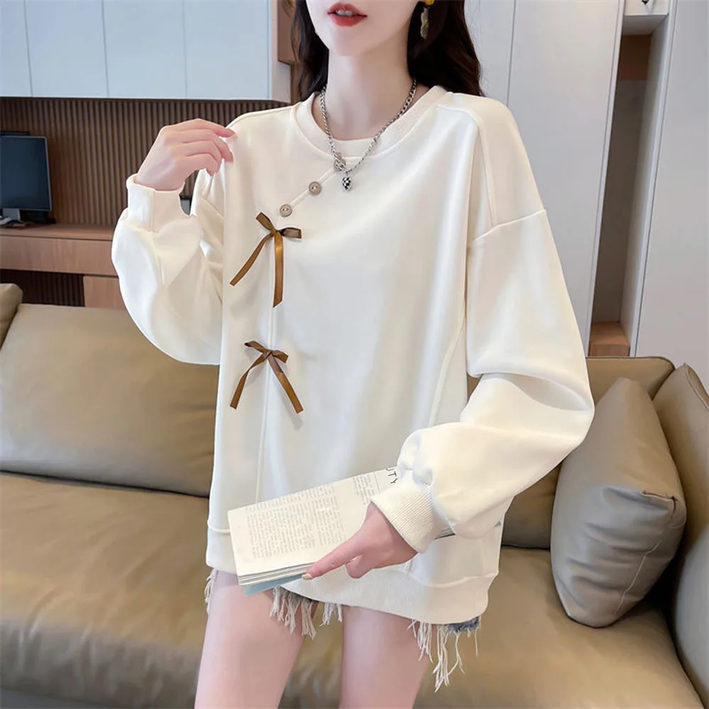 2024Autumn New Bow Sweatshirts Women's Loose All-match Student Trendy Round Neck Long Sleeve Button Top Female y2k clothes Trend