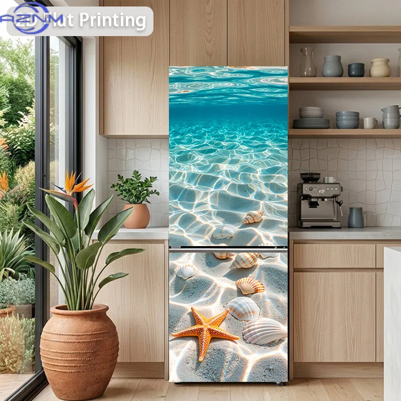 [Printing] Refrigerator Sticker 60 X 180 Cm, Blue Sea Sand Lying Shells And Stars Theme Design, Wall Sticker Decor Wallpaper S