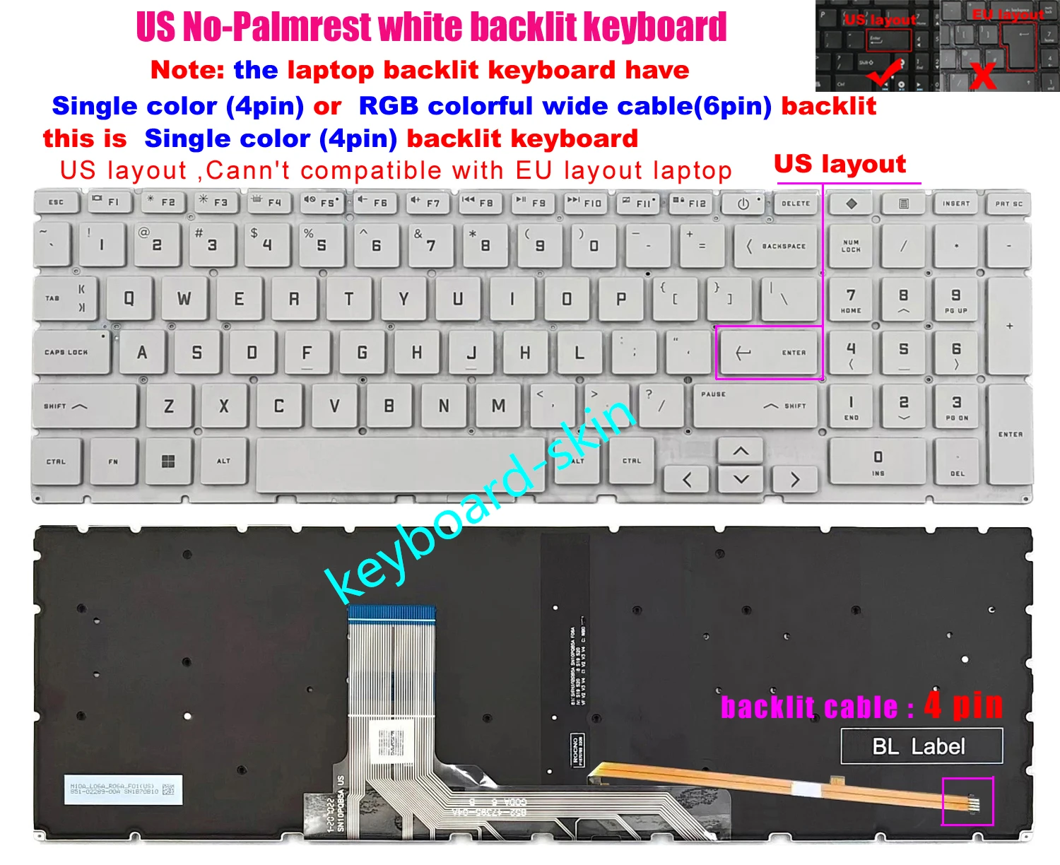 New US Backlit Without-Palmrest white Keyboard For HP  Victus 16-E 16-D 16-R 16-S TPN-Q263 TPN-Q264 TPN-C169 TPN-C170 laptop