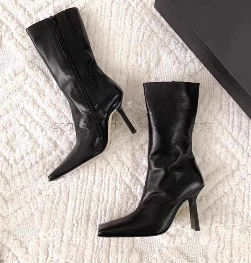 

Niche Classic Black Women's Square Toe Shoes Made of Genuine Leather and Elastic Fabric, Mid Heeled Boots, and Mid Heeled Boots
