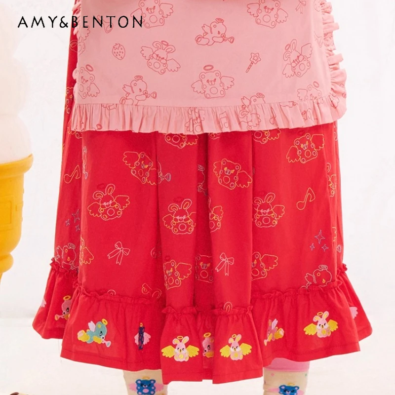 

Original Design Red Animal Print Heavy Embroidery Women's Skirt New Elastic Cute Waist Skirt Detachable Mid-Length Skirtsladies