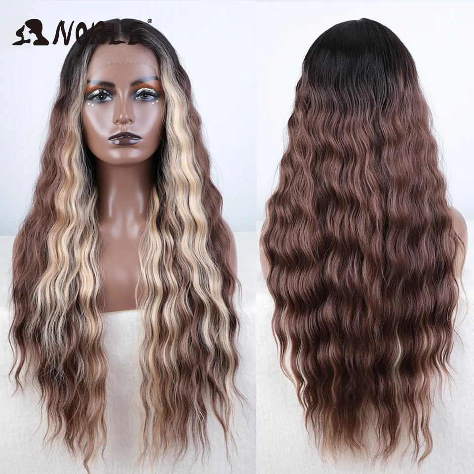 Edle synthetische Lace-Front-Perücke, 30 Zoll lang, gewellt, Ombre-Blond, Cosplay-Perücken, synthetische Perücken für Damen, Lace-Front-Perücken – Detail 16