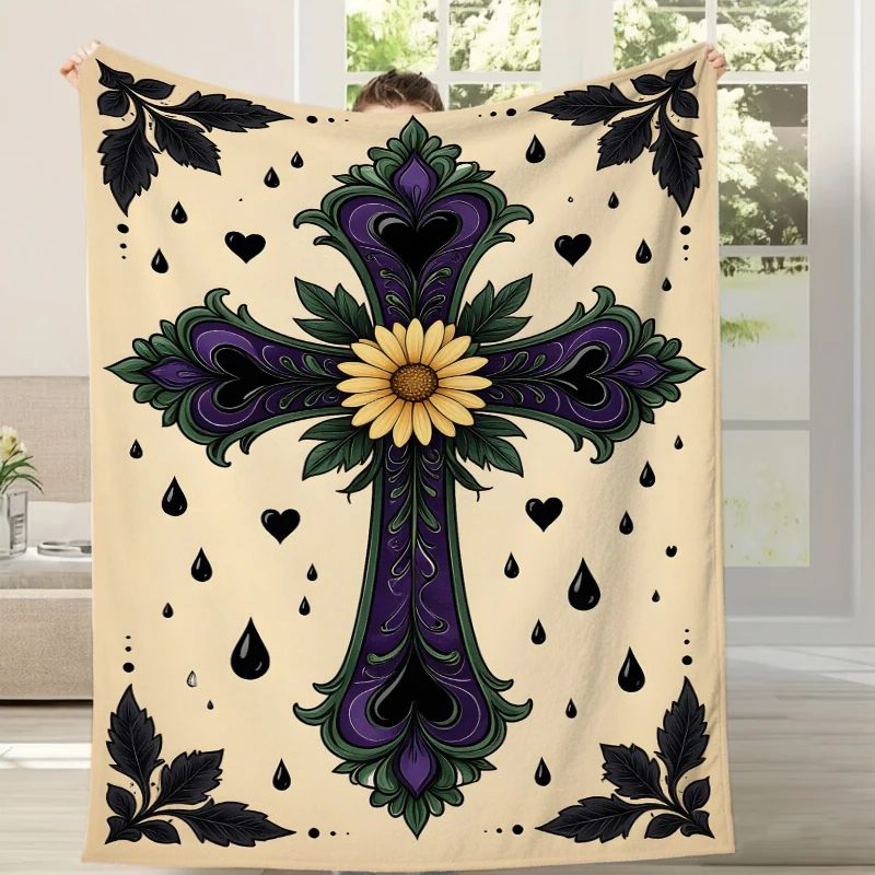 Purple Cross Daisy Gothic Flannel Blanket For Edgy Bedroom Decor Soft Warm Throw Blanket Wrap
