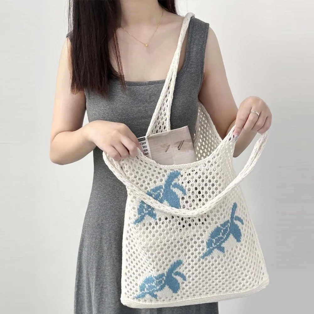 

Shoulder Bag Large Capacity Crochet Tote Bag Embroidered Korean Style Hollow Woven Bag Turtle Cotton Knitting Handbag Vacation