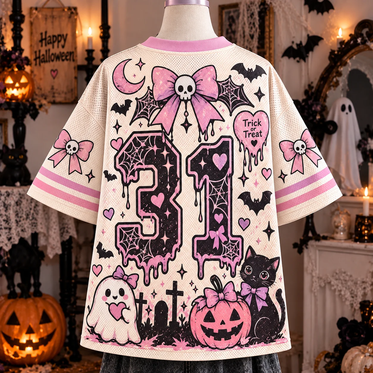 Halloween Cute Black Cat Ghost Pumpkin Print V Neck Oversized Mesh Jersey T-shirt Unisex Short Sleeve Bat Bow Streetwear Tees