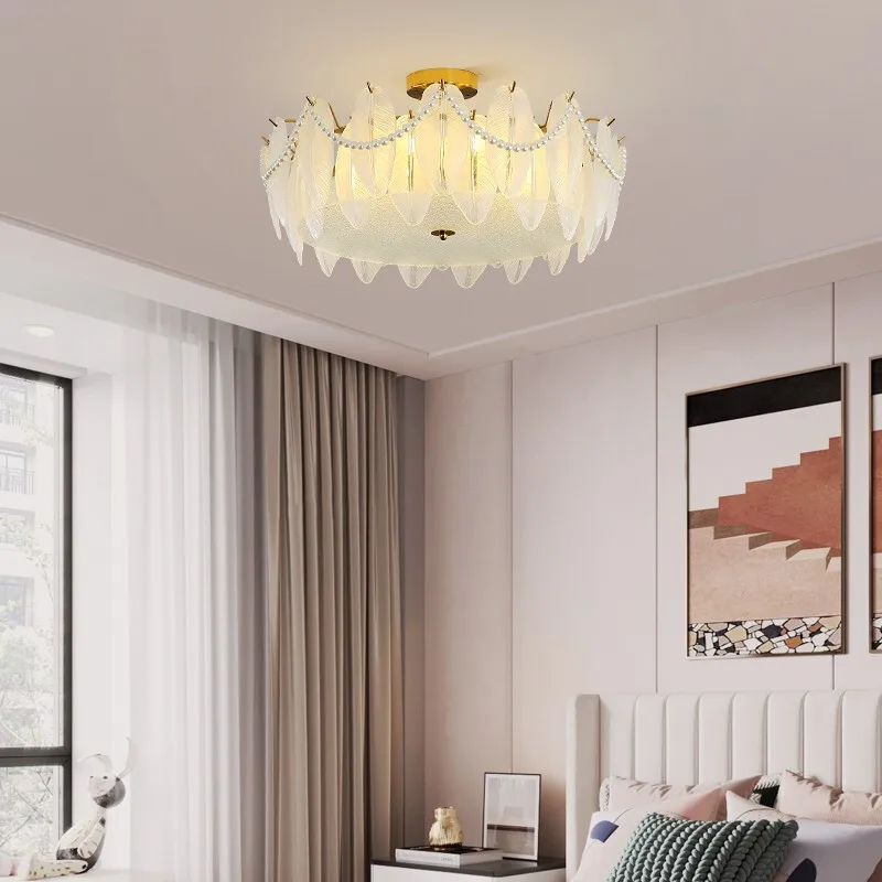 

French Feather Ceiling Light Vintage Bedroom Lamp Simple Nordic Glass Lighting