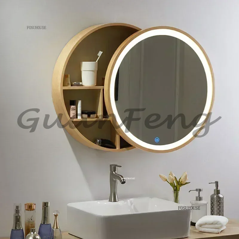 Wall Mounted Round LED Bathroom Makeup Mirror, Solid Wood Smart Mirror Storage Cabinet for Bathroom