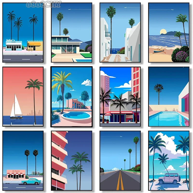 Japan Beach City Summer Wall Art Posters Prints  Hiroshi Nagai Vaporwave Canvas Painting Wall Pictures Nordic Living Room Decor