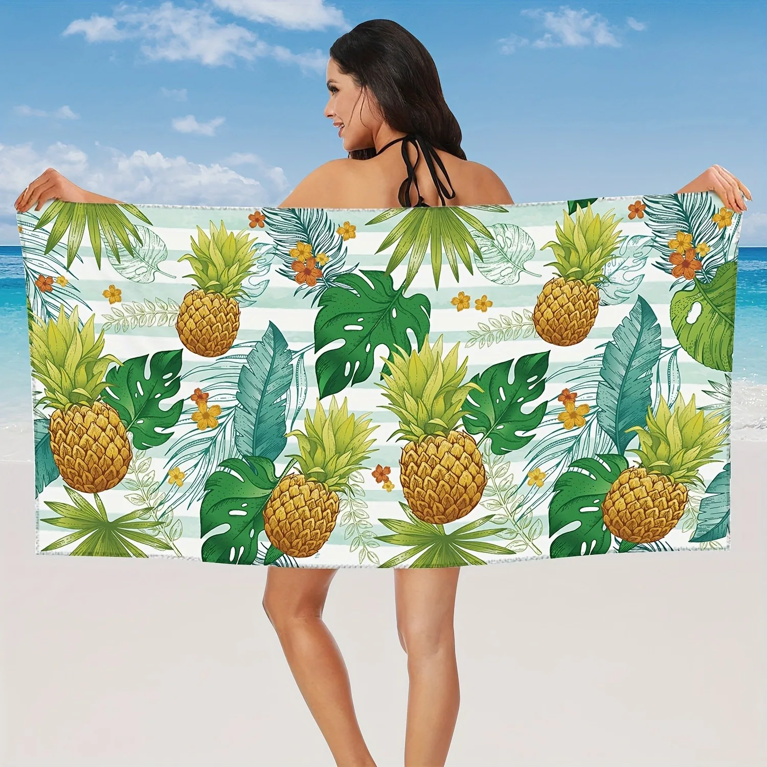 Classic Tropical Pineapple Striped Print Beach Towel Quick Dry Soft Towel Lightweight for Swimming Vacation Beach Summer Holiday