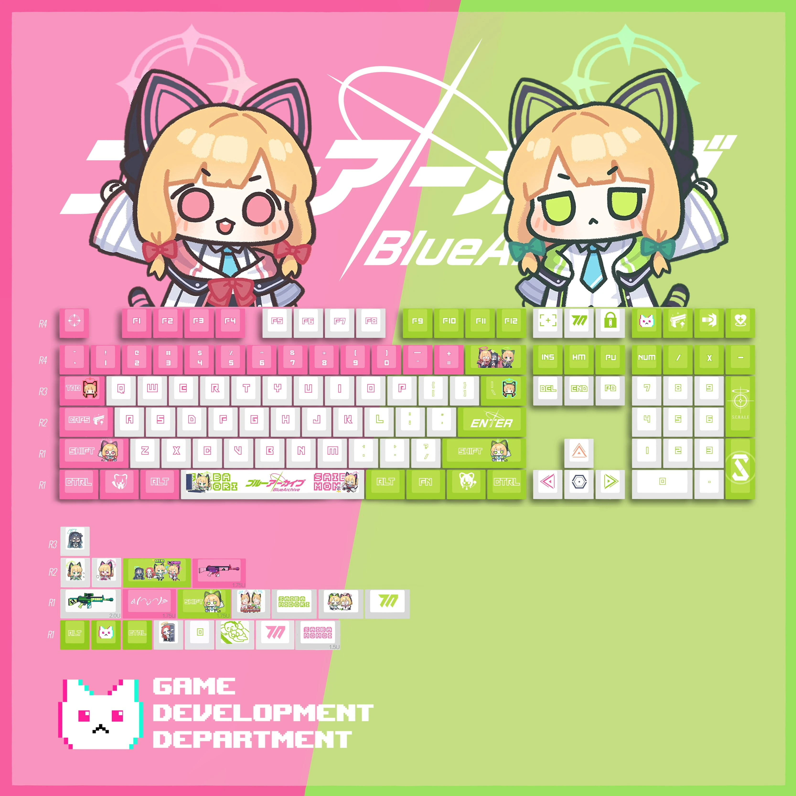 

129 Keys/Set Blue Archive Saiba Midori Momoi Cute Neko Girl PBT Cherry Profile for MX Switch Mechanical Keyboard Game Custom