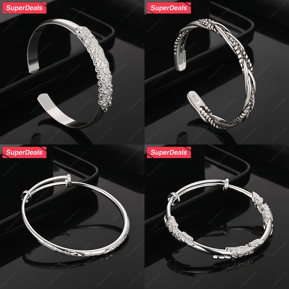 

SuperDeals 925 Sterling Silver Twist Braided Round Adjustable Bangles Anniversary Party Women's New Fashion Trend Jewelry