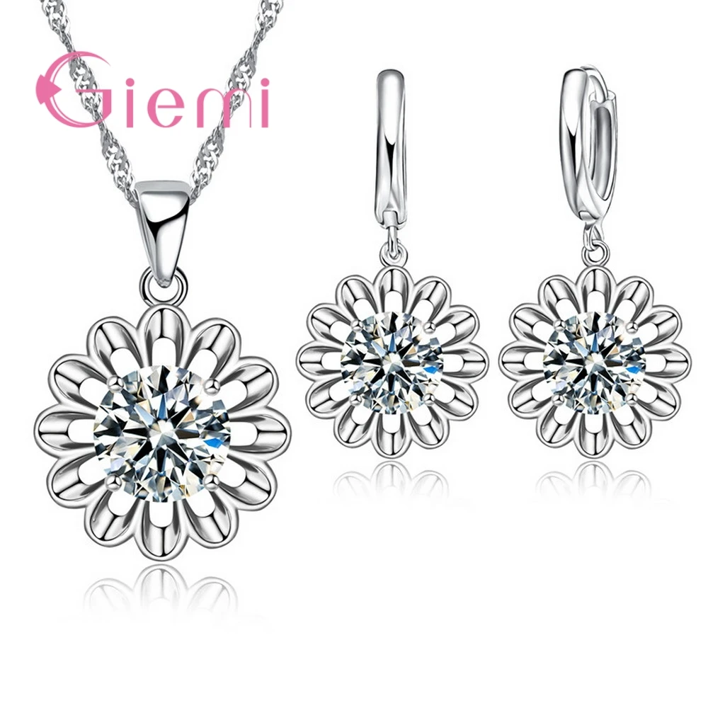 Newest Trendy Wedding Jewelry Set Women Top Quality 925 Sterling Silver Crystal Pendant Necklace Hoop Earring Big Promotion