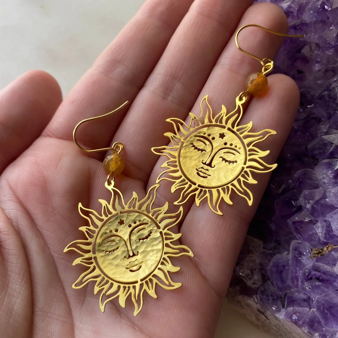 Gold Plated Sun Charm Earrings For Women Irregular Crystal Earrings Boho Jewelry Gift Brown Beads Hollow Sun Drop Earring Trendy