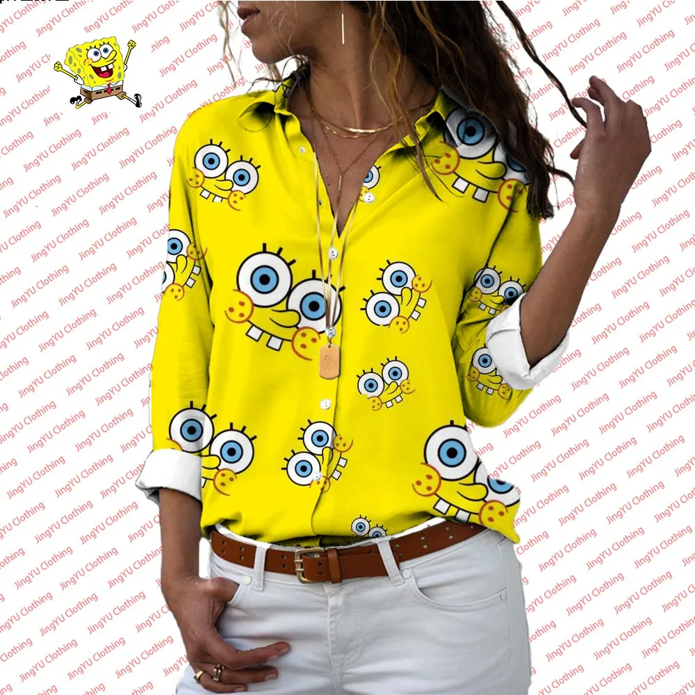 2024 Fashion New Lapel Long Sleeve Single Breasted Shirt Spongebob Pattern Printed Women\'s Casual All-match Shirt y2k