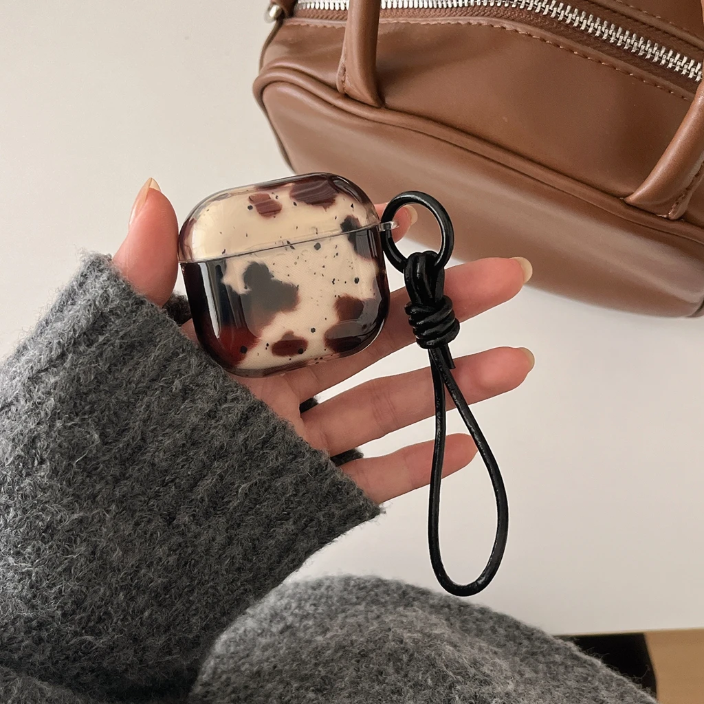 Retro Originality Animal Spotted Color Blocks With Lanyard Earphone Case Cover for AirPods 1 or 2 3 4 Pro 2 Pro 3