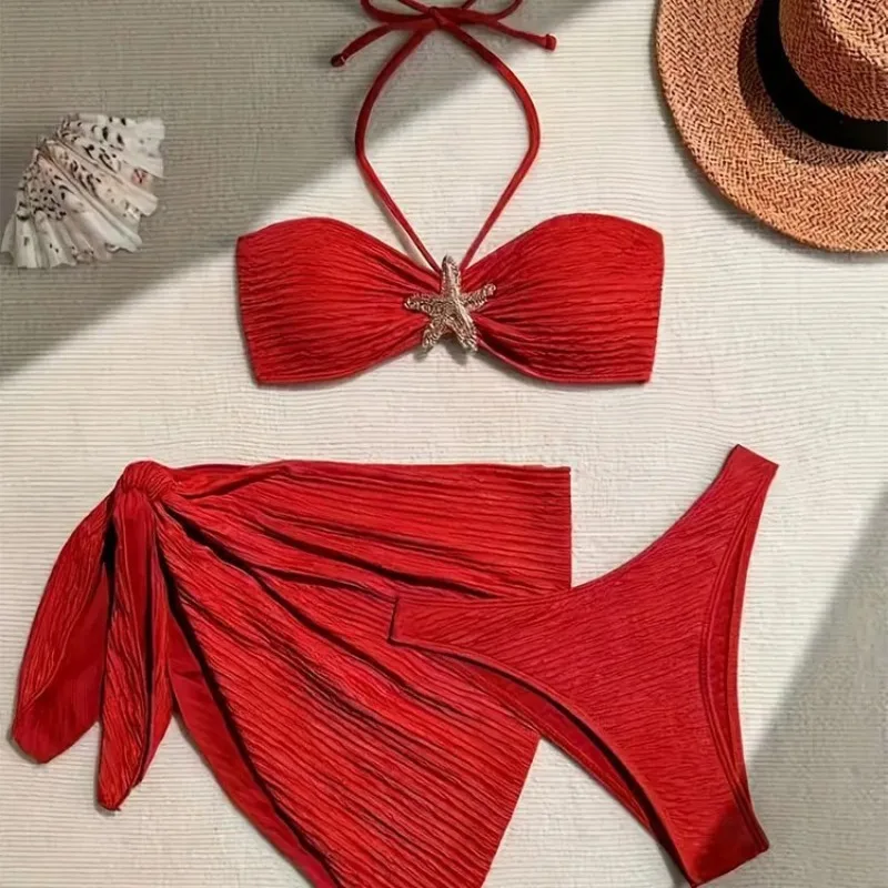 Metal Starfish Brown Bandeau Bikinis Sets 3 Pieces Sexy Swimsuit Cover Up Women 2026 Holiday Swimwear High Cut Bather Beach Wear