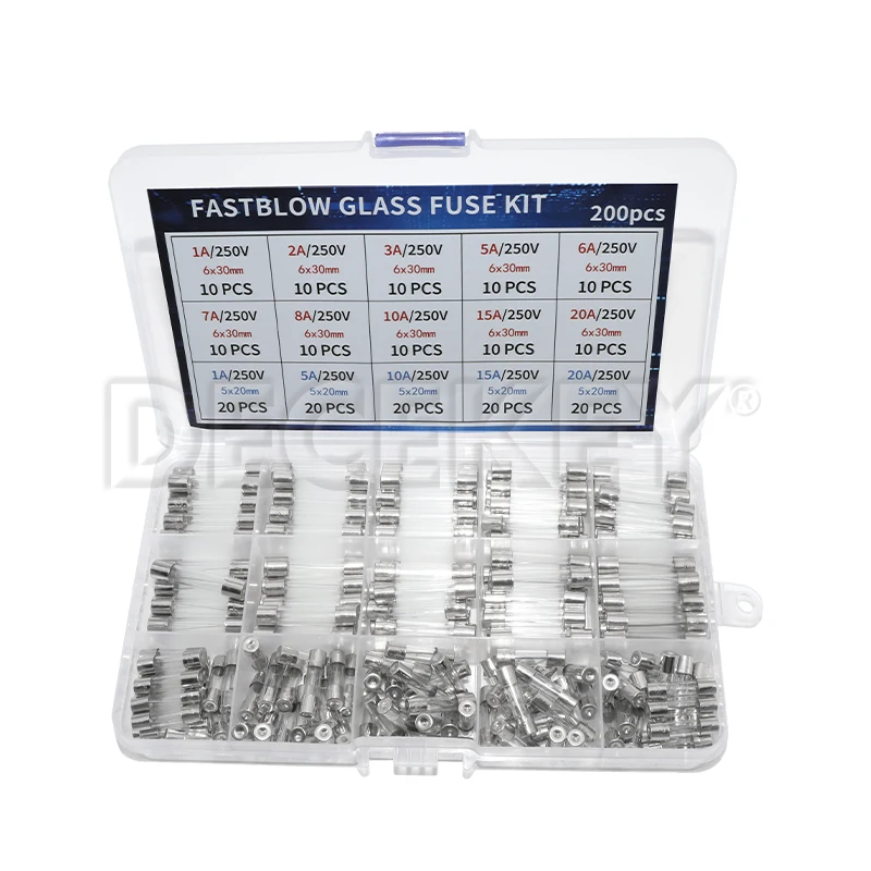 200pcs Fast Blow Glass Fuses Assortment Kit 15 Values Auto Fuses Assortment Kit 250V 5x20mm & 6x30mm Glass Tube Fuses