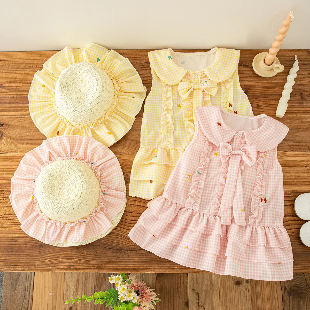 Summer New Baby Girl Plaid Dress Sweet Bow Children'S Clothing+Hat (6 Months -3 Years Old)