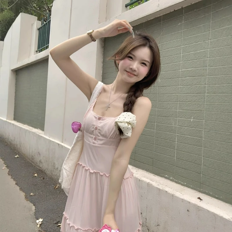 

French Small Summer Minimalist Elegant Waist Gentle Wind Dress Sweet Pink V-neck Fairy Suspender Skirt Temperament and Fashion