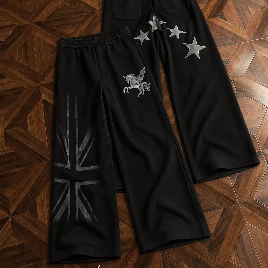 Casual Loose Straight Leg Pants Men's Dark Wide Leg Drapey Long Trousers Fly  Embroidery Comfortable Leisure Trousers