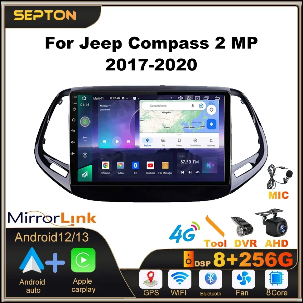 

SEPTON Car Radio Multimedia Video Player Android 12 for Jeep Compass 2 MP 2017-2020 GPS 4G 2Din Wifi 8+128G Head Unit Carplay