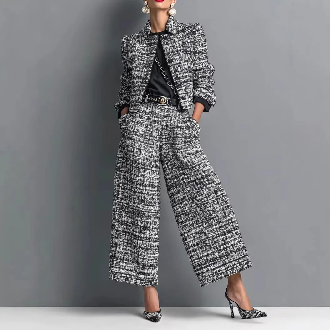 Vintage Mixed‑Color 2‑Piece Set, Lapel Padded‑Shoulder Cropped Coat High‑Waist Wide‑Leg Pants Women Autumn Winter Fashion Suit