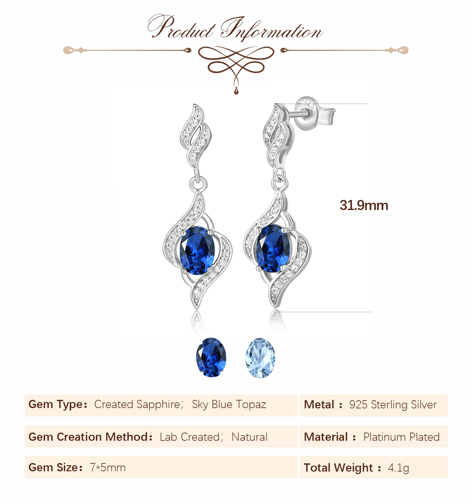 Potiy Created Blue Sapphire Natural Sky Blue Topaz 925 Sterling Silver Dangle Drop Earrings dla kobiet Drobna biżuteria Codzienna impreza