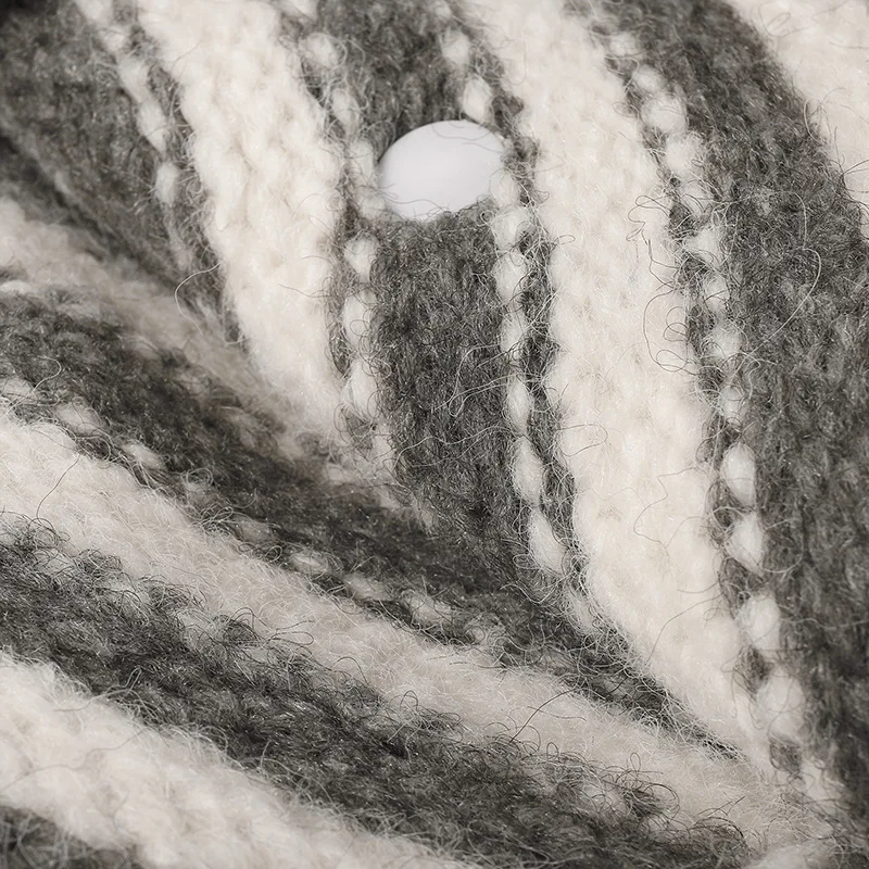 Women Striped Knit Beanie With Bear Ornament, Cuffed Thick Pom‑pom Warm Pull‑on Yarn Hat For Autumn Winter
