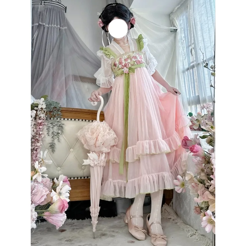 Embroidery Chest High Han Elements Dress Set Women Chiffon Maxi Dress Summer Daily Chinese Outfit