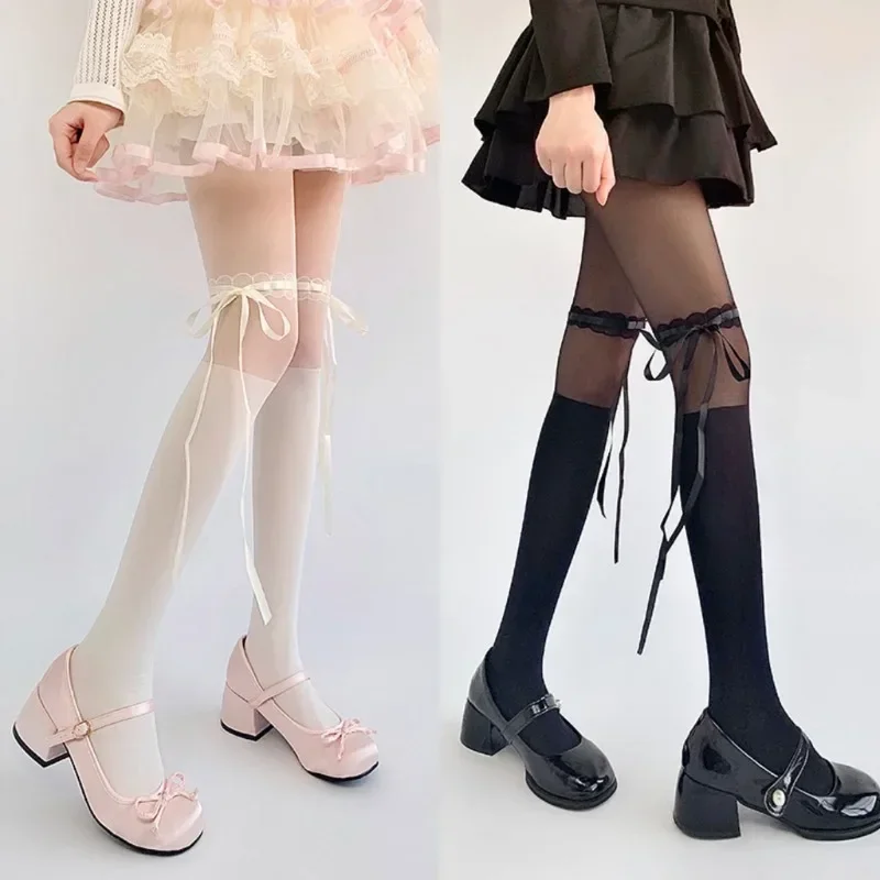 1Pair Cute Lolita White Tights Bow Ribbon Lace Spliced Sheer Stockings Anti Run Pantyhose for Kawaii Girls Cosplay