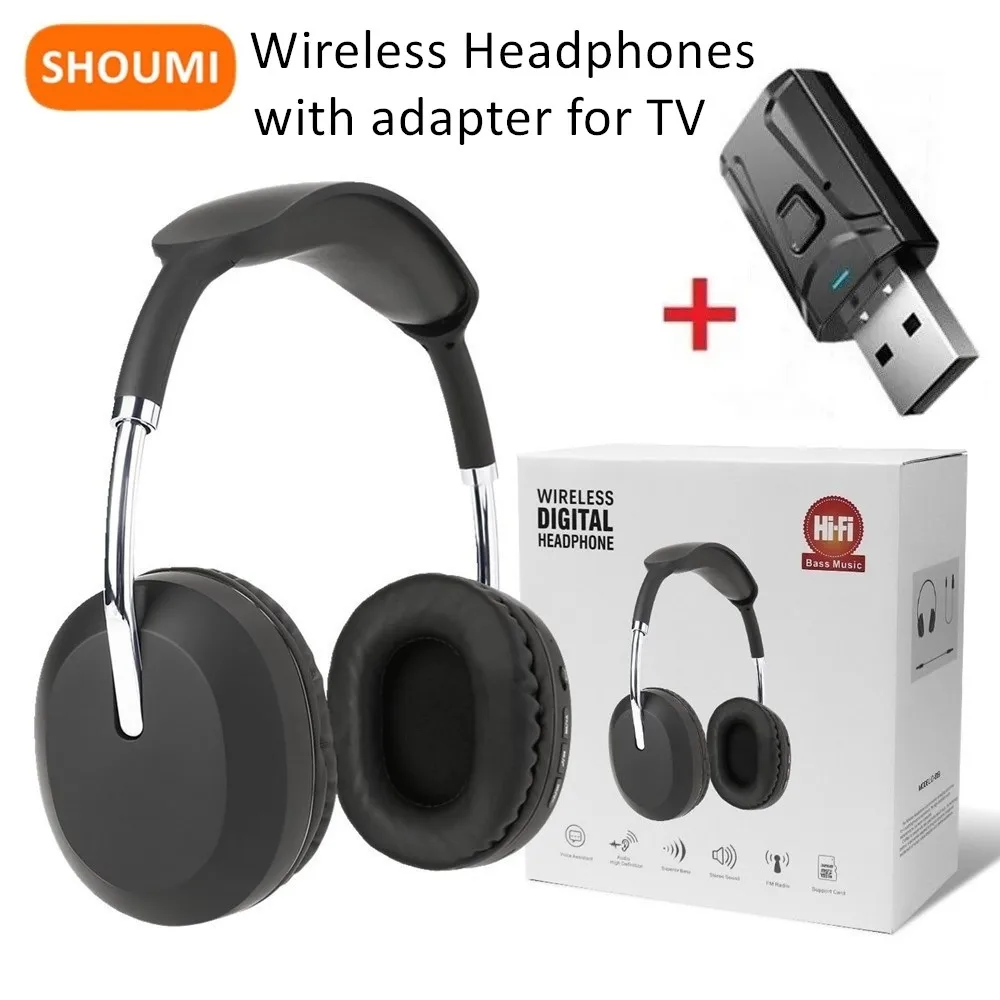 SHOUMI 15 heures casque sans fil grand casque Bluetooth suppression du bruit avec micro écouteurs de télévision avec adaptateur pour TV PC
