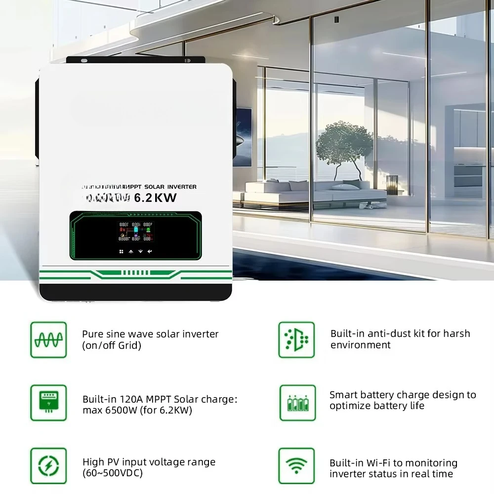 SUNEX Hybrid Solar Inverter 6.2kw Wall Mounted Inverter 48v 220v Pure Sine Wave Inverter for Home Use