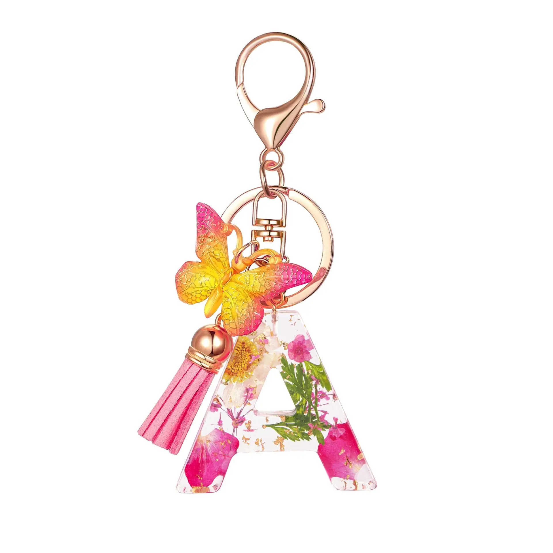 New Tassel Butterfly Flower Resin Keychain Versatile 26 Letter Keychain Backpack Pendant Wholesale