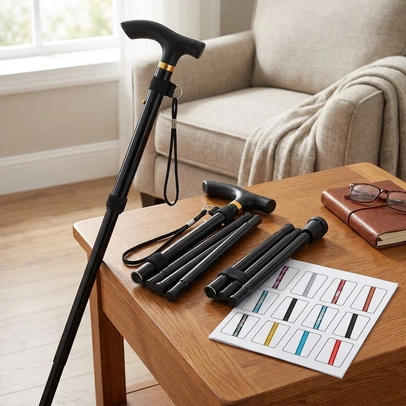 Folding Cane Portable 5 Level Adjustable Height Walking Stick Foldable Mobility Aid with Wrist Strap Anti Slip Tip for Seniors