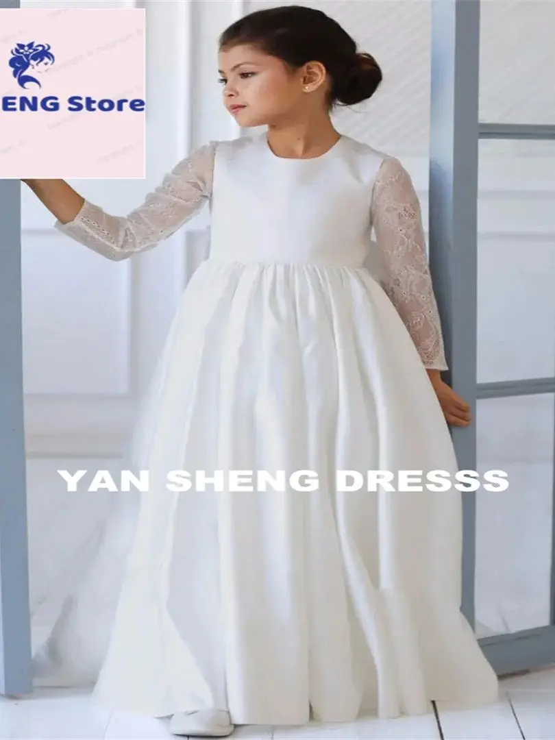 Customized Flower Girl Dresses White Tulle Appliques Long Sleeve For Wedding Birthday Prom Banquet Holy Communion Gowns