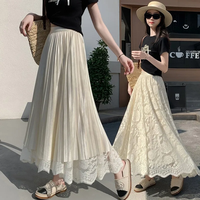 

Korean Sle Sweet Lace Splice Net Skirt Two-Sided Wear Pleated Skirt Flounce Hem Floor-Length Dr Busin Casual