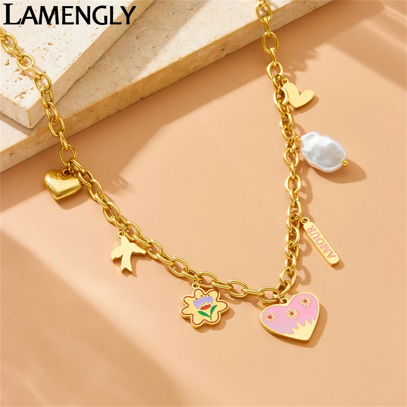 LAMENGLY 316l Stainless Steel Heart Flower Pendant Necklace For Women Trendy Romantic Girl Clavicle Chain Valentine's Day Gifts