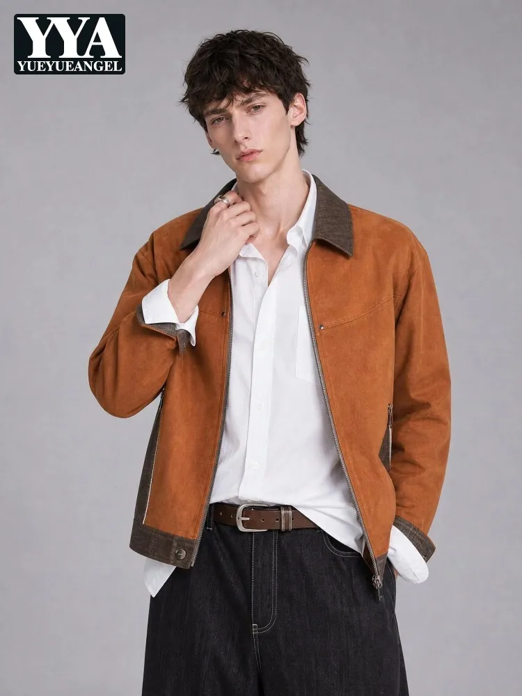 New Autumn Mens Color Block Coat Streetwear Stylish Turn-down Collar Zipper Jackets Work Males American Style Casual Outerwear