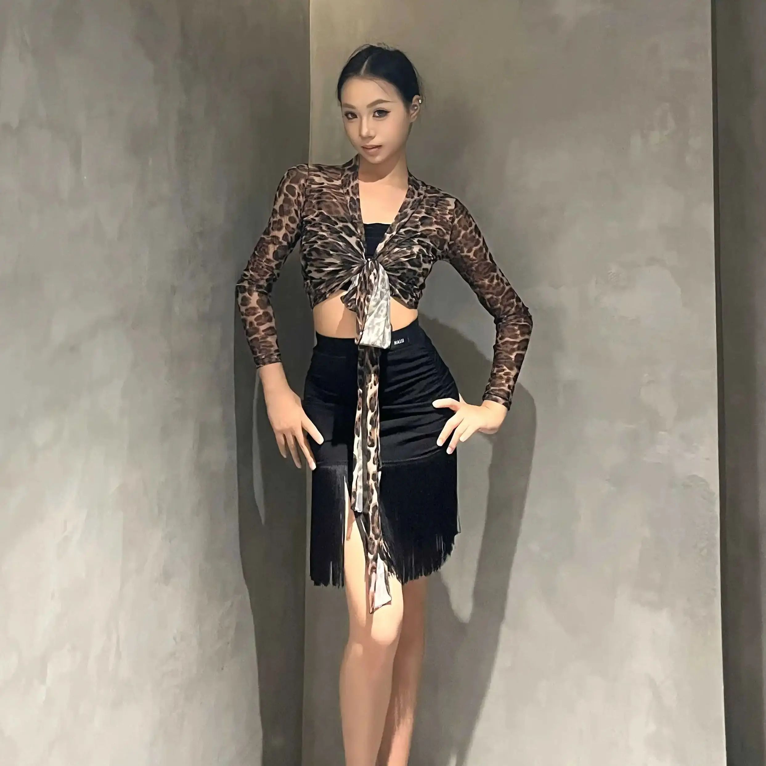 Vrouwelijke Luipaard Print Top Kwasten Rokken Pak Latin Dans Jurk Prestaties Kostuums Vrouwen Samba Danstraining Kleding DN22116